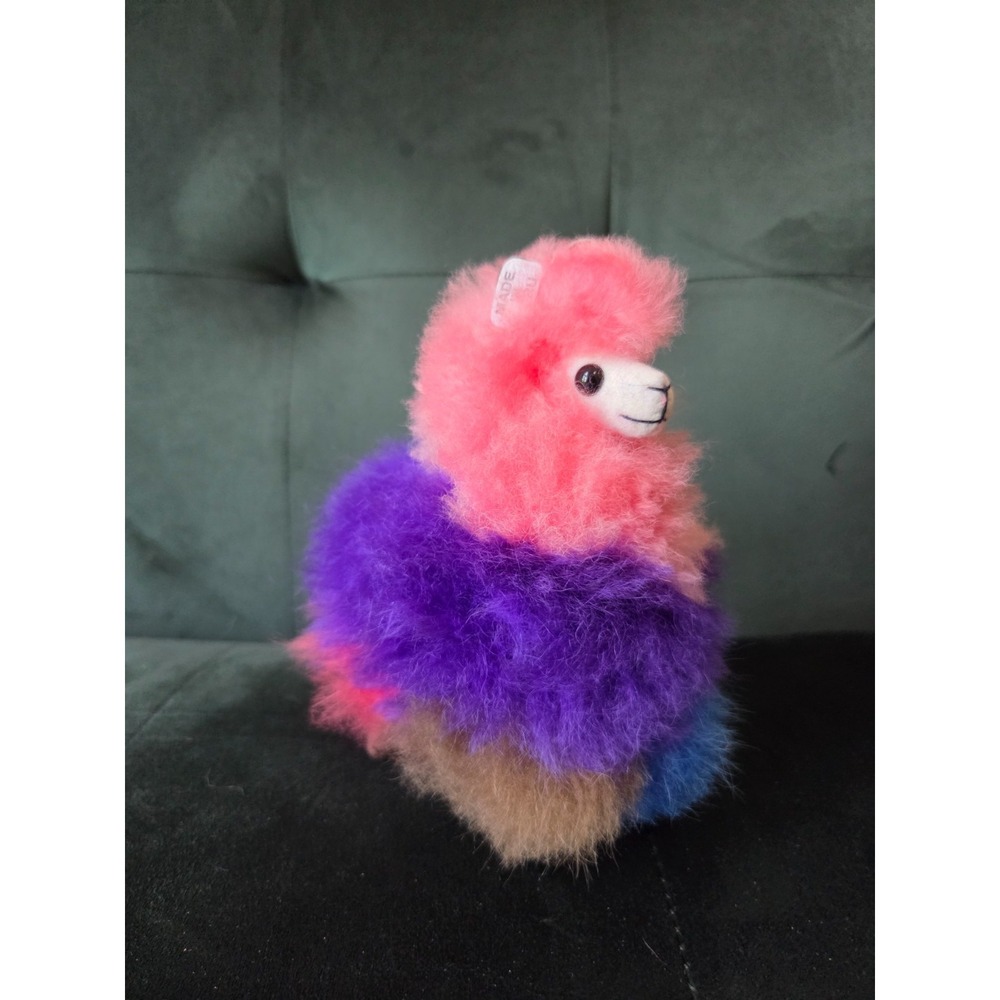 Real Alpaca Fur Llama Plush Stuffed Animal Toy Rainbow Pink Handmade Peru 7''